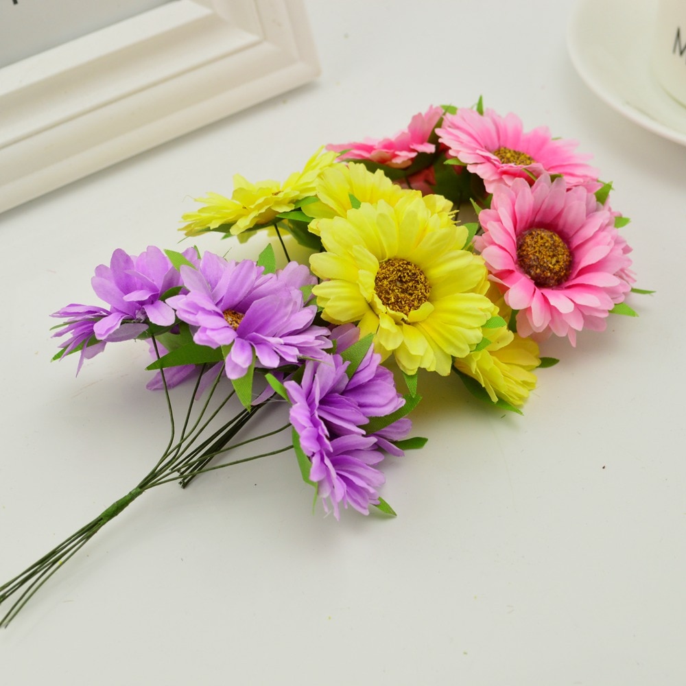 6 sztuk 5 cm sztuczny jedwab tkaniny afryki chryzantema małe stroik kwiatowy akcesoria floret ręcznie robione pudełko upominkowe dekoracje @ 4