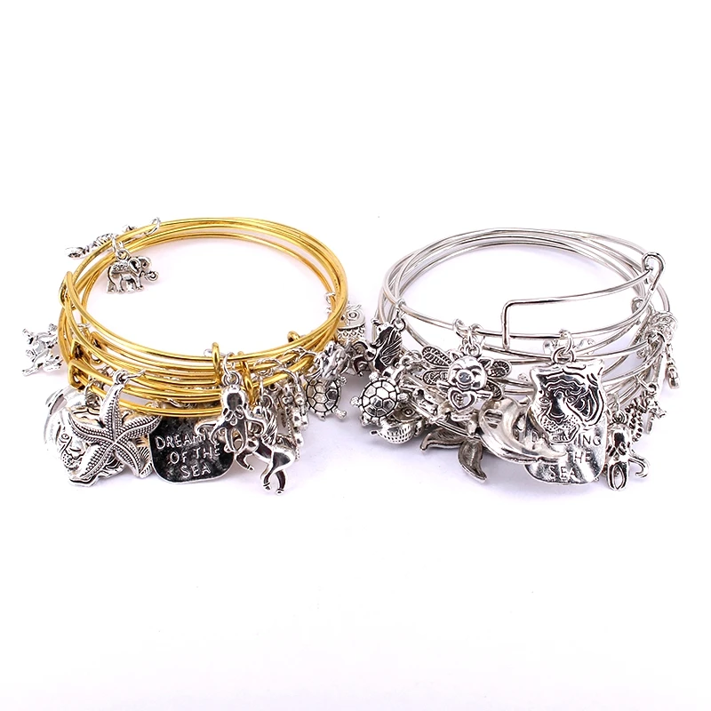 5 pçs conjunto de pulseiras de arame para mulheres meninas jewlery vida marinha mista estrela do mar golfinho turtle charme pulseiras c039