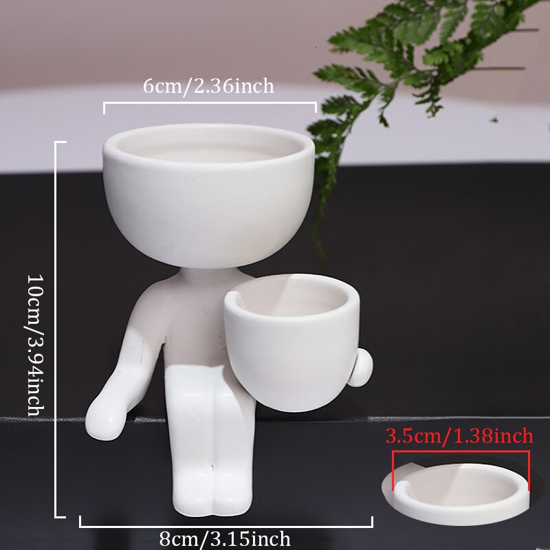 Humanoid Ceramic Flower Pot Character Sitting Posture Sculpture Vase Desktop Flower Arrangement Container Couple Ornaments: White (B)