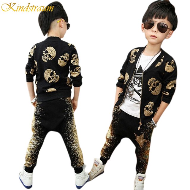 2019 Outono & Primavera Conjuntos de Roupas Meninos com Estampa de Caveira Crianças Streetwear Estilo Europeu Jacket + Calças Crianças Ternos, HC483