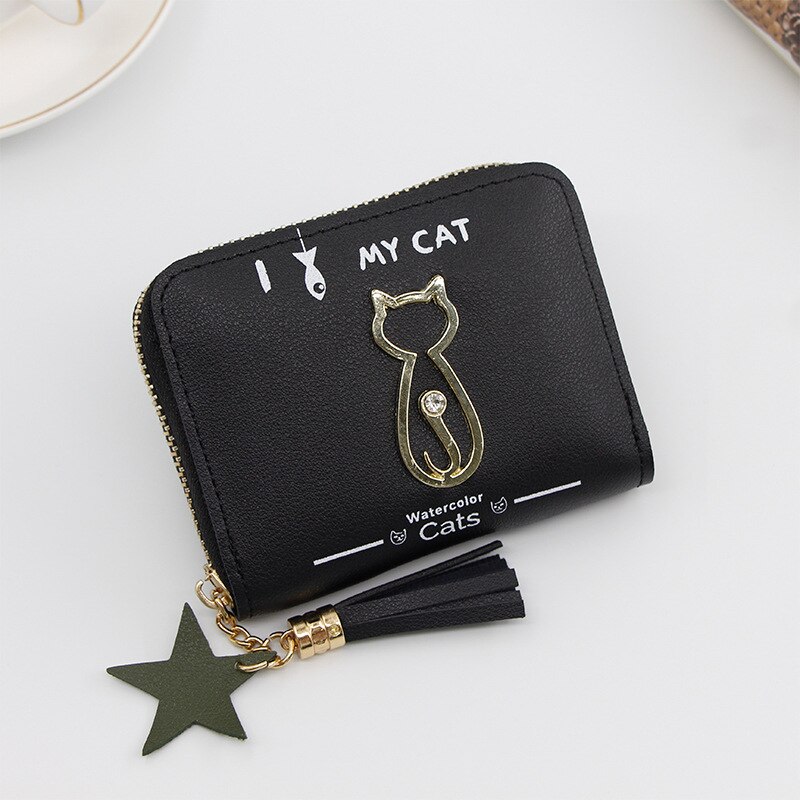 Portemonnee dames mini kwastjes portemonnee dames mini portemonnees koreaanse studenten mooie metalen katten portemonnee dames kleine portemonnees: Zwart