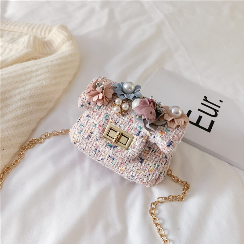 Bolsa de ombro feminina com flores e pérola, mini bolsa de malha rosa, bolsa crossbody para mulheres, bolsa vintage de mão fofa