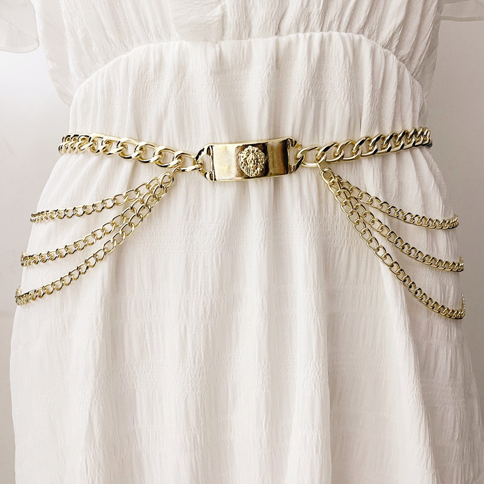 Cinturón gótico con cadena para mujer, cinturones de a la , correa para vestidos, cinturón dorado y plateado para pantalones vaqueros, cinturón para pantalones CY11: Negro