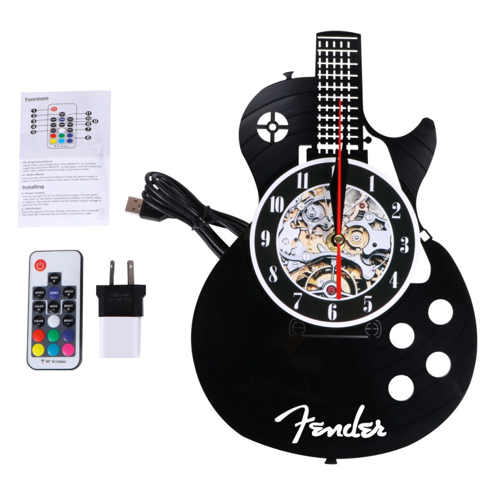 Guitar Shape Wall Clock Vinyl Record Wall Clock Living Room Wall Hanging Clock (without Lamp Shipment without Battery): Black 1