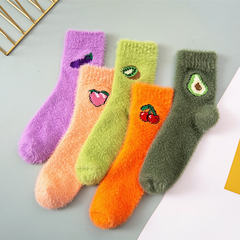 Frukt avokado godis varm dam söt vinter kawaii tjock casual dam strumpor luddiga fluffiga frotté varma strumpor korta söta bomullsstrumpor
