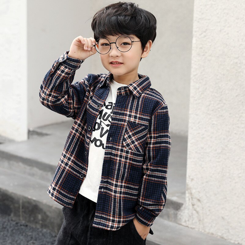 Jongens 4-12 Y Lange Mouwen Turn-Down Kraag Plaid Shirts Letters Patroon Warme Fleece Lente Herfst blouses Shirts