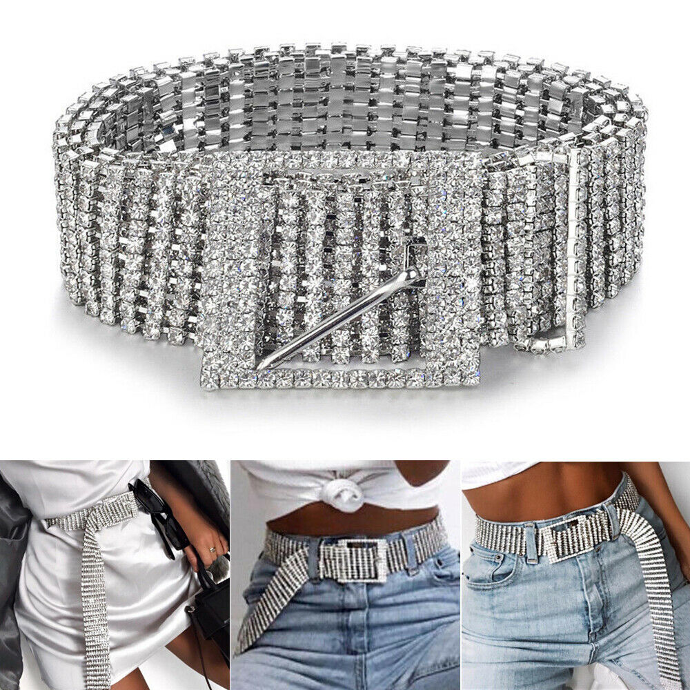 Damebelter 10 rader hel rhinestone skinnende linning tilfeldig festkjole beltekjede