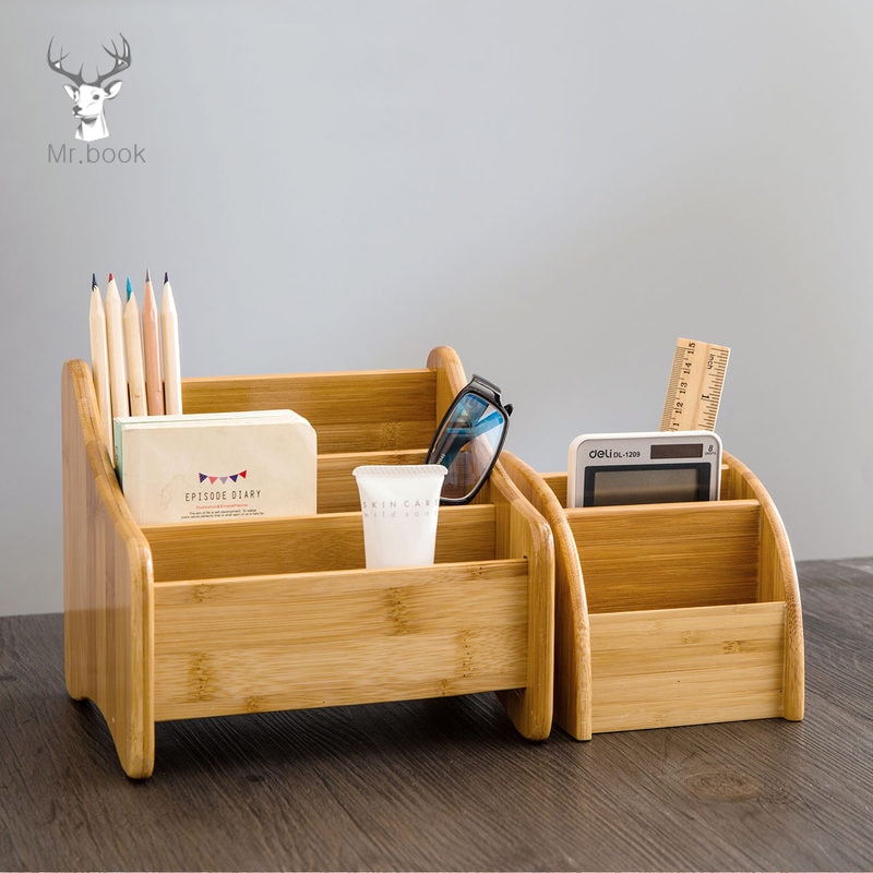 Multi-grid Bamboo Box Office Desktop Stationery Holder Makeup Organize Storage Box Remote Control Container Case