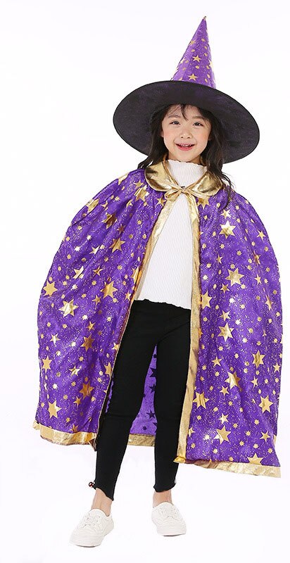 Kostium na bal maskowy czarodziej peleryna czarownicy peleryna szata z kapeluszem na pokaz gry Halloweens magiczne różdżki dla dzieci dzieci: purple star