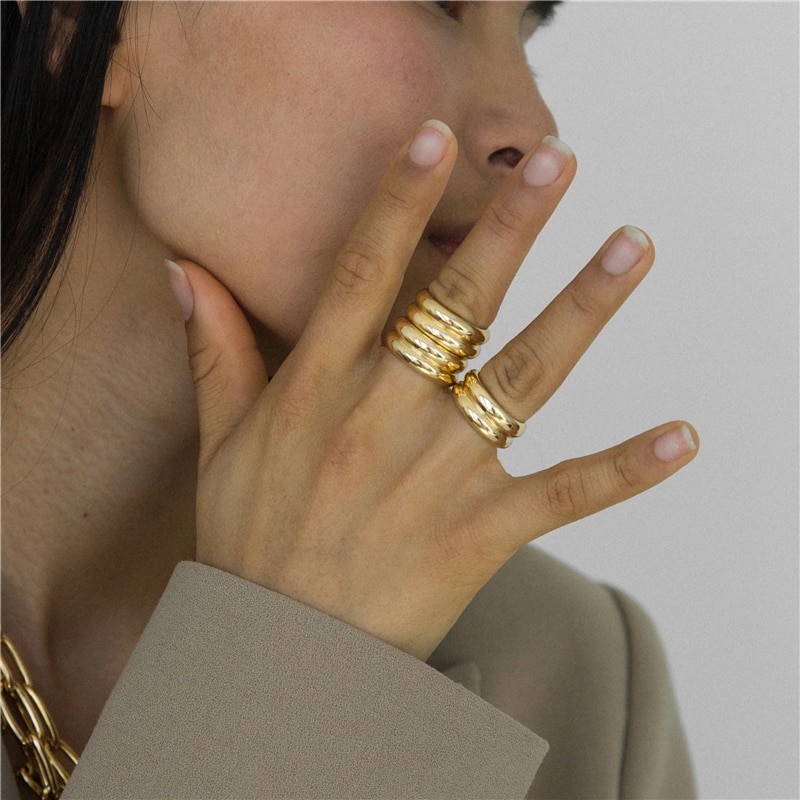 Anillos de GHIDBK de acero inoxidable, minimalistas, de doble capa, anchos y brillantes, anillos de llamativo para mujeres, anillos de estilo callejero