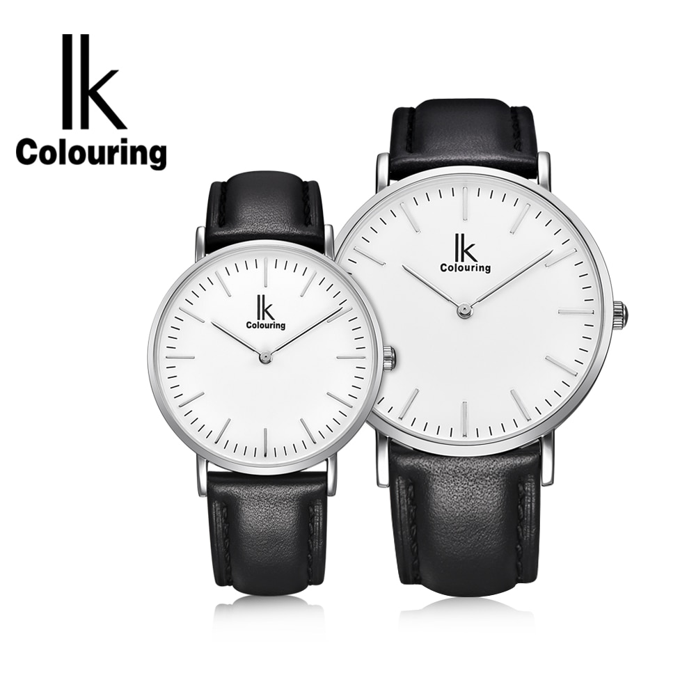 IK colouring Couple montre Simple boîtier Ultra mince japon mouvement à Quartz bracelet en cuir montre-bracelet des amoureux