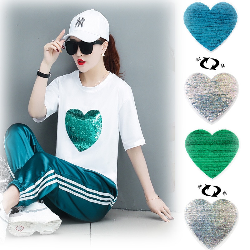 Pegatina de tela grande letras love de color verde cara sonriente, Parche de lentejuelas, pegatina decorativa, camiseta, Accesorios de reparación de insectos