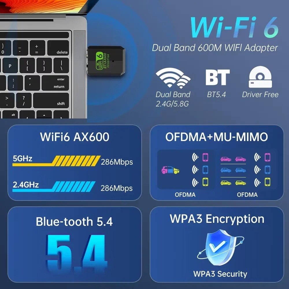 Adattatore USB WiFi 600Mbps Scheda di rete wireless Bluetooth 5.4 Dual Band 2.4G 5GHz Driver USB gratuito Dongle WiFi 6 per PC Win 10 11