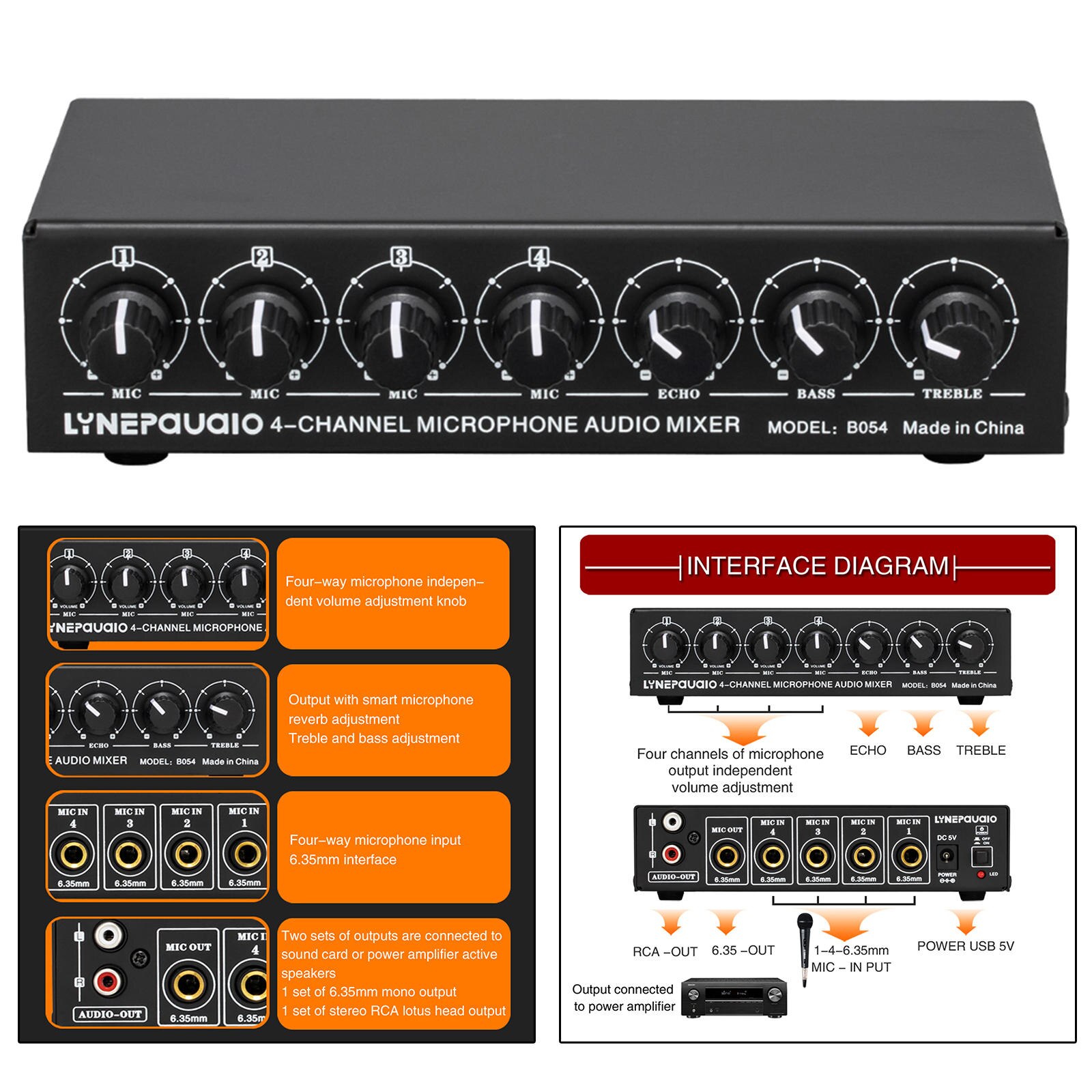 5-Way Stereo Active Mixer Audio Multi-Channel Mixer with Headphone Monitor