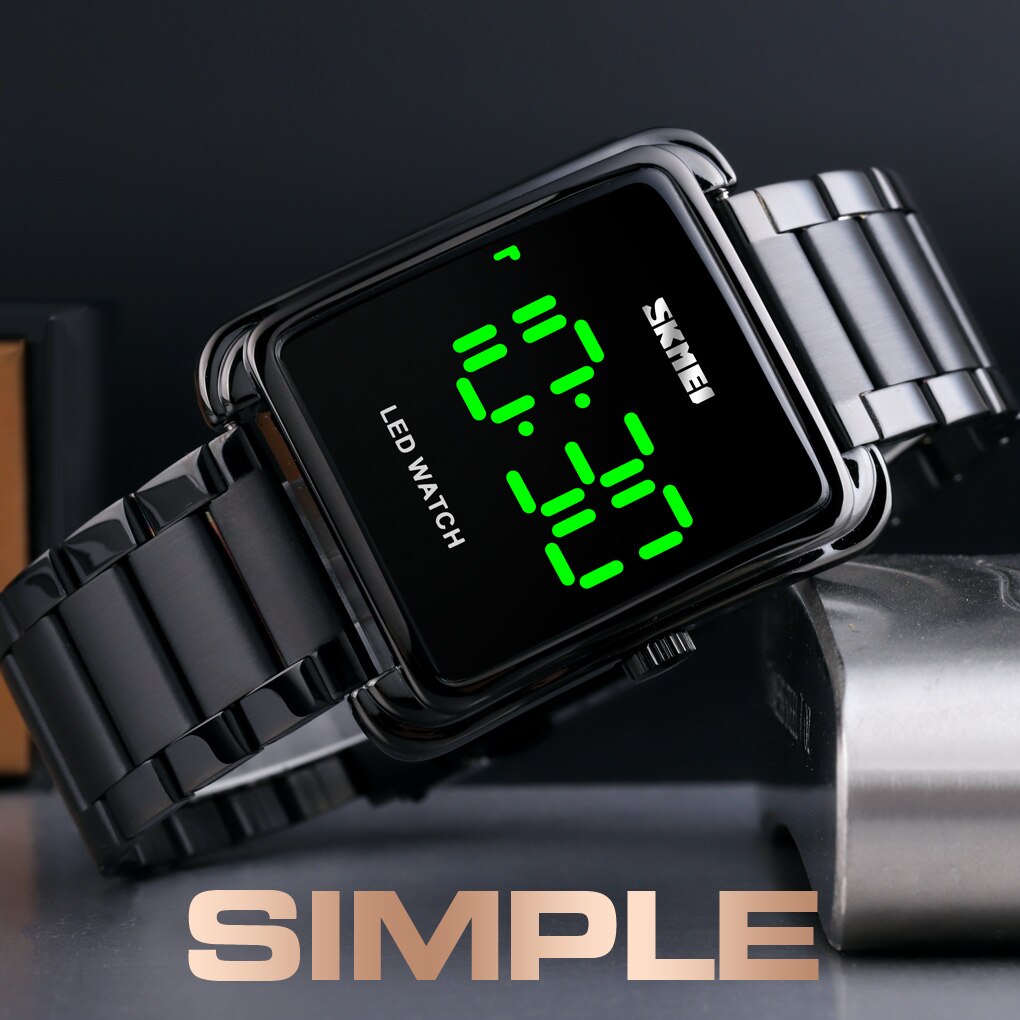 Skmei led digital klocka herr vattentät date herr digitala armbandsur i rostfritt stål tunn elektronisk klocka 1505