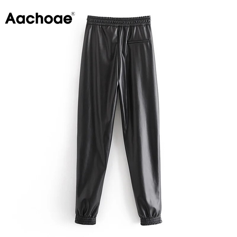 Aachoae dames lange pu leren broek met trekkoord, sportieve stijl, lange joggingbroek voor dames, baggy casual kokerbroek, damesbroek