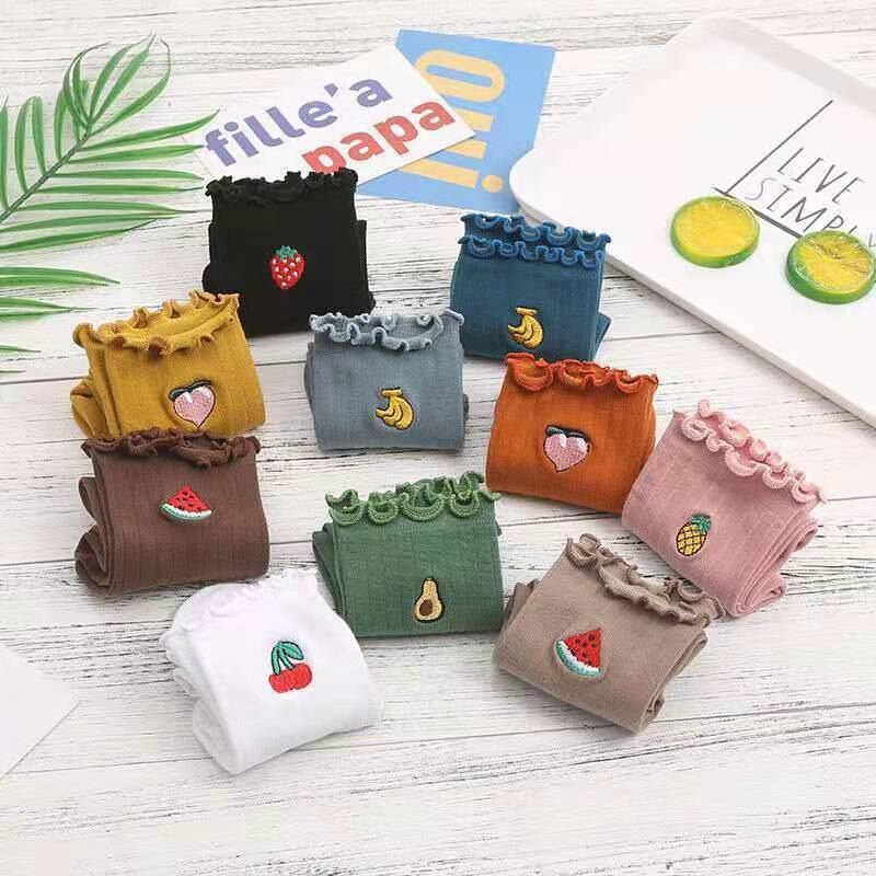 Frilly Embroidered Sock Spring Summer Japan Harajuku Kawaii Cartoon Fruit Cotton Socks Girl Streetwear Happy Casual SOX