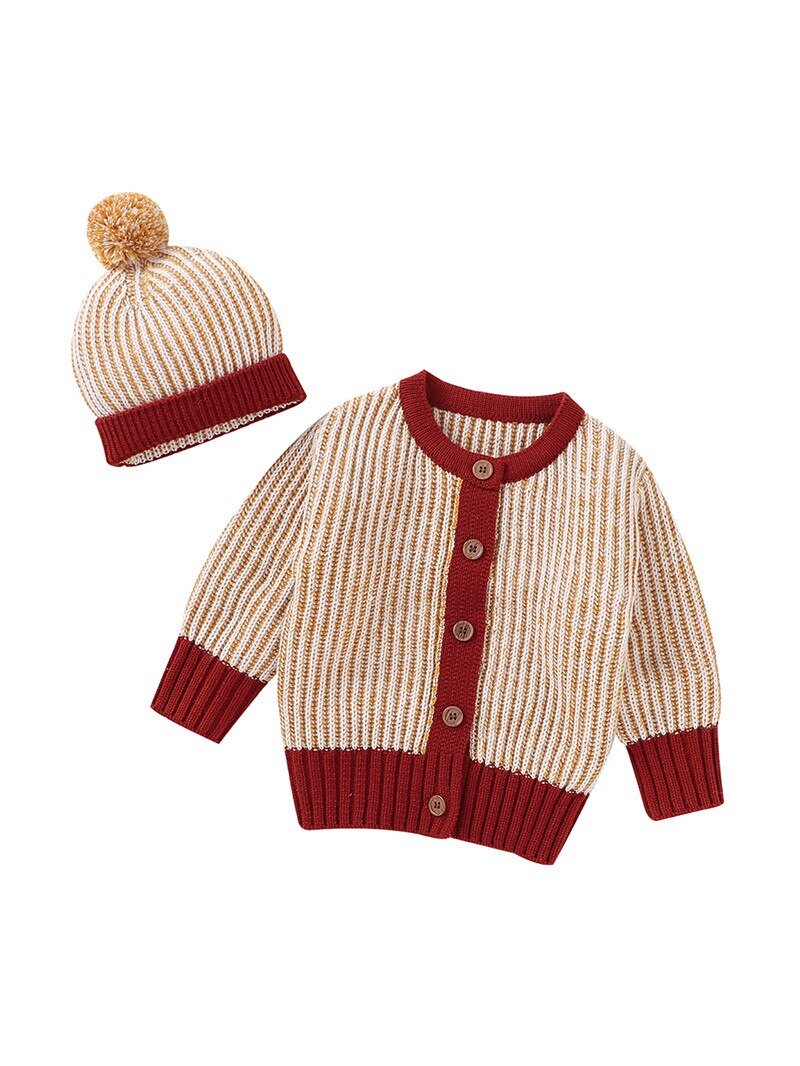 Baby Jongens Meisjes Gemengde Kleur Truien Casual Warme Herfst Winter Jas Lange Mouw Knoppen Gebreide Trui Top + Bal Caps pasgeboren Kids: YELLOW / 6m