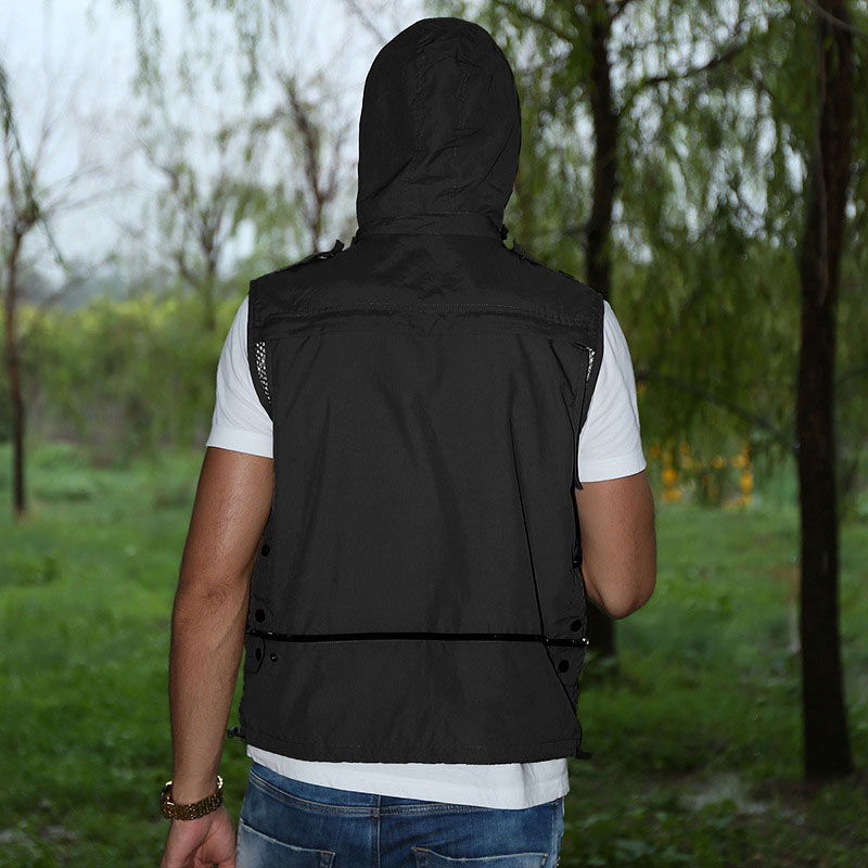 Quick Drying Photography Reporter Vest For Male Removable Back Multi Pockets Hooded Waistcoat Hiking Fishing Jackets Size L-XXXL