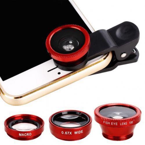 3 In 1 Mobiele Telefoon Lenzen Fish Eye Groothoek Macro Camera Lens Set Universele Clip Foto Accessoire: Rood