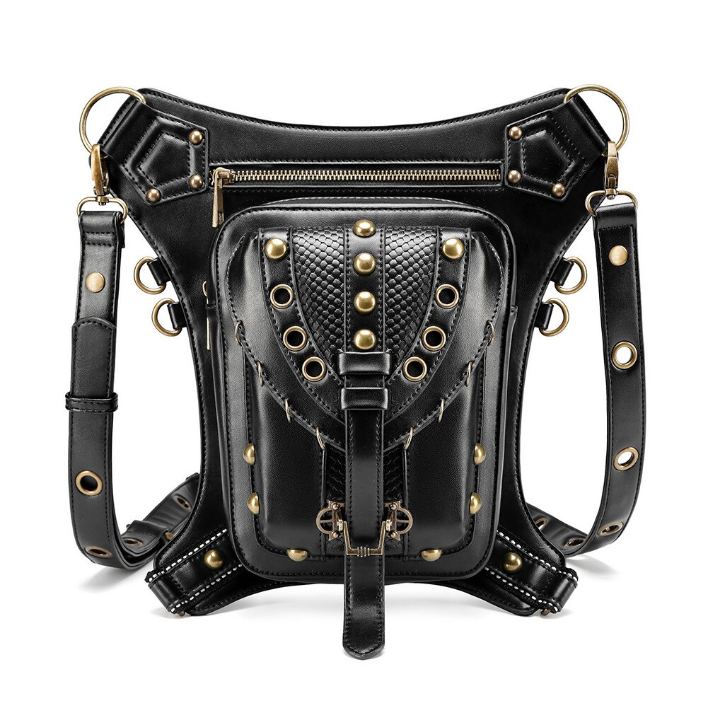 OMIKRON PU Lederen Steampunk Retro Taille Tas voor Vrouwen Mannen multifunctionele Zwart Reizen Motorfiets Crossbody Borst Fanny pack