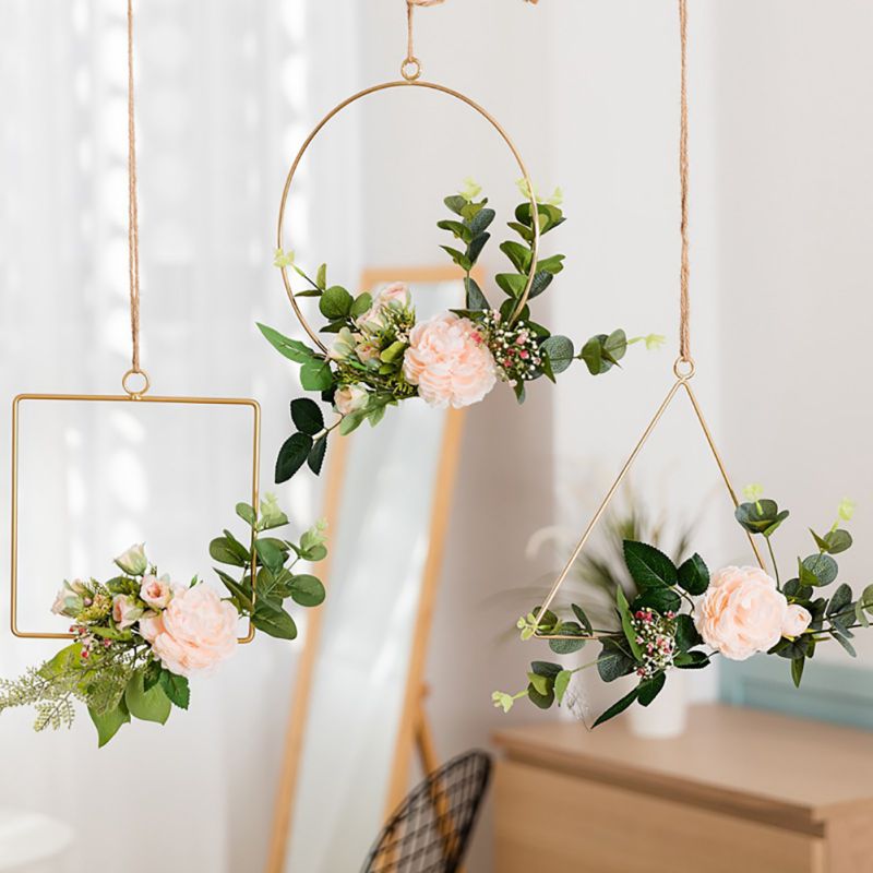 Geometric Metal Wire Wreath Hoop Frame Artificial Flower Garland Wall Hanging Decorations Wedding Party Backdrop Round/Square
