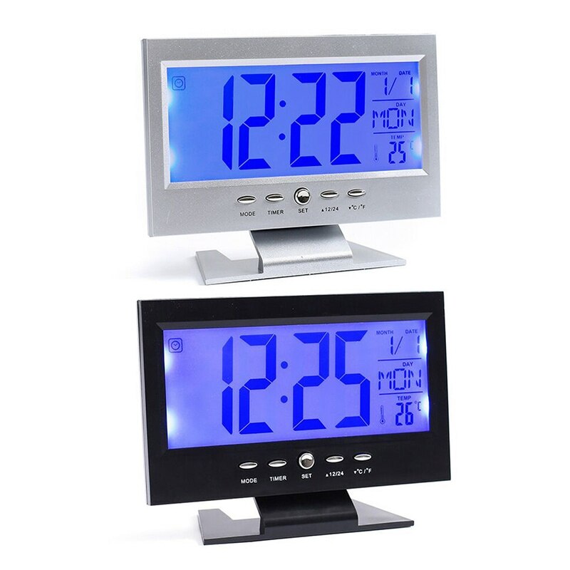 LCD Digital Time Alarm Clock Multifunction Snooze Calendar Temperature Night Display Sound Activated Table Clock