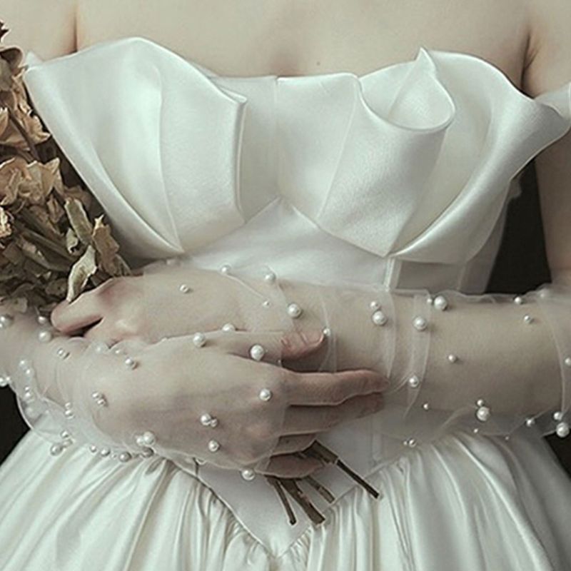 Simple Wedding Dress Gloves Bride Long Glove Photography Props Thin Section Mesh Artificial Pearl Mittens