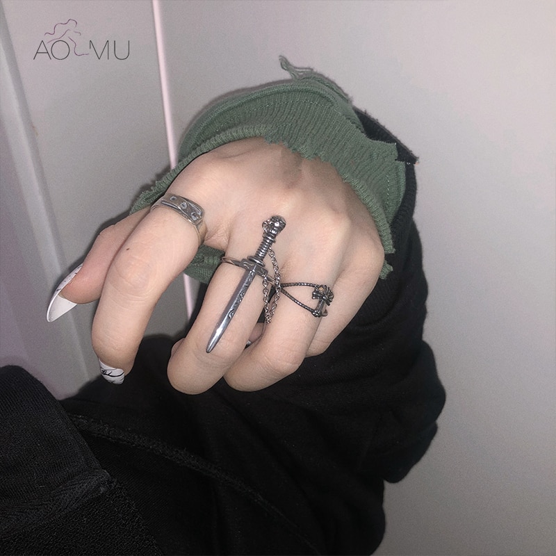 AOMU, novedad de , anillo para Dedo de estilo Punk hecho en estilo antiguo Retro con cadena siamesa, anillo de dedo metálico con conector móvil para mujeres, joyería de Hip Hop