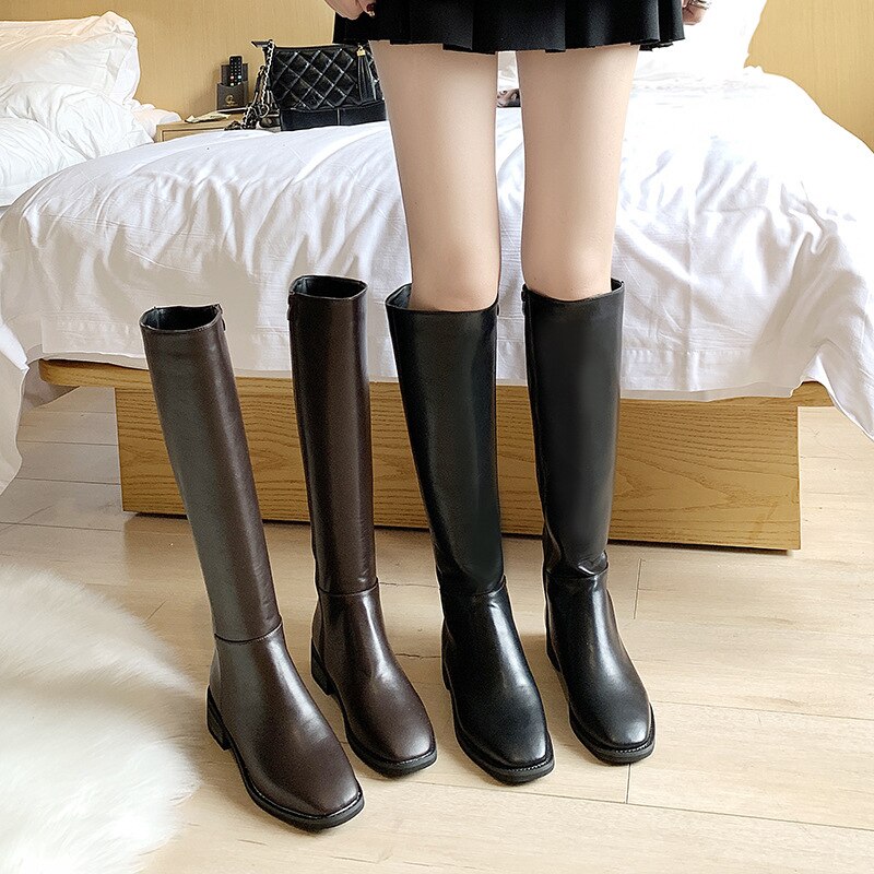 Kniehoge laarzen vierkante neus dames winterlaarzen rits lange laarzen damesschoenen pu leren laarzen herfstschoenen dames