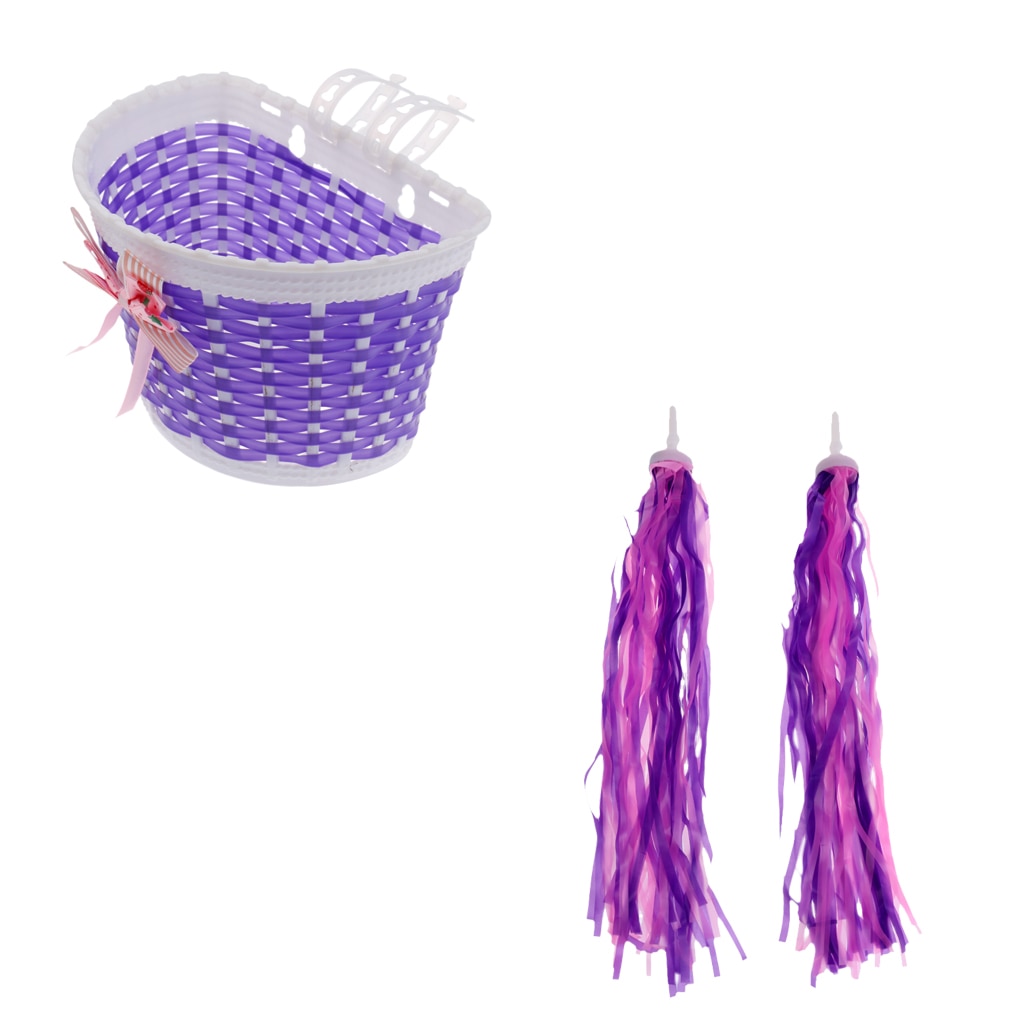 Jenter sykkel foran kurv shopping holder etui + sykkel scooter streamers lilla sykkel tilbehør