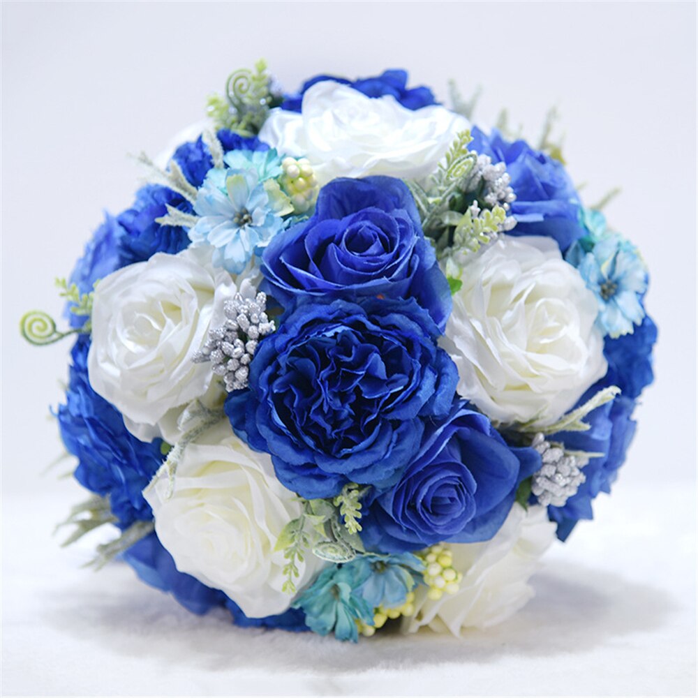 Blauw Wit Bruidsboeket Handgemaakte Kunstmatige Bloem Rose Buque Casamento Bruids Boeket Voor Bruiloft Decoratie
