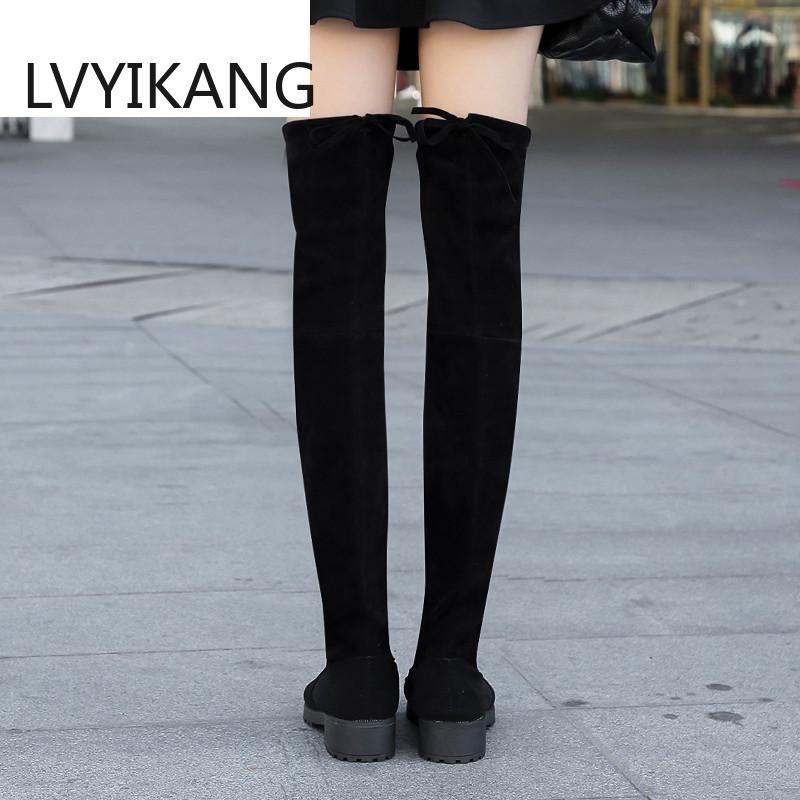Bottes noires au dessus du genou pour femme, chaussures Sexy, cuissardes hautes, bout rond, automne hiver