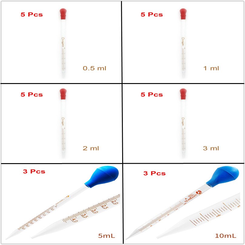 (0.5/1/2/3/5/10ml)Glass Scale Line Dropper Pipette Lab Dropper Dropping Pipet Blue Rubber Head Pipettors