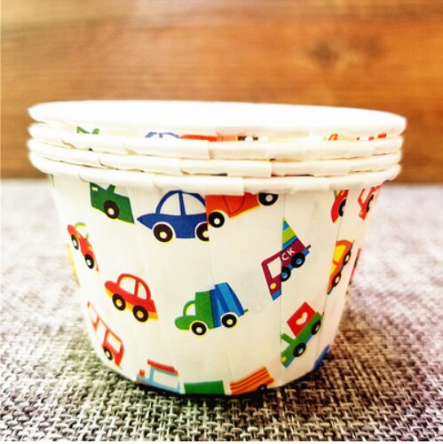 Ensemble de gobelets à gâteau en papier enduit à bord roulé, grands/petits, à muffin de dessin animé, gobelets résistants aux hautes températures, 100 pièces/ensemble: car