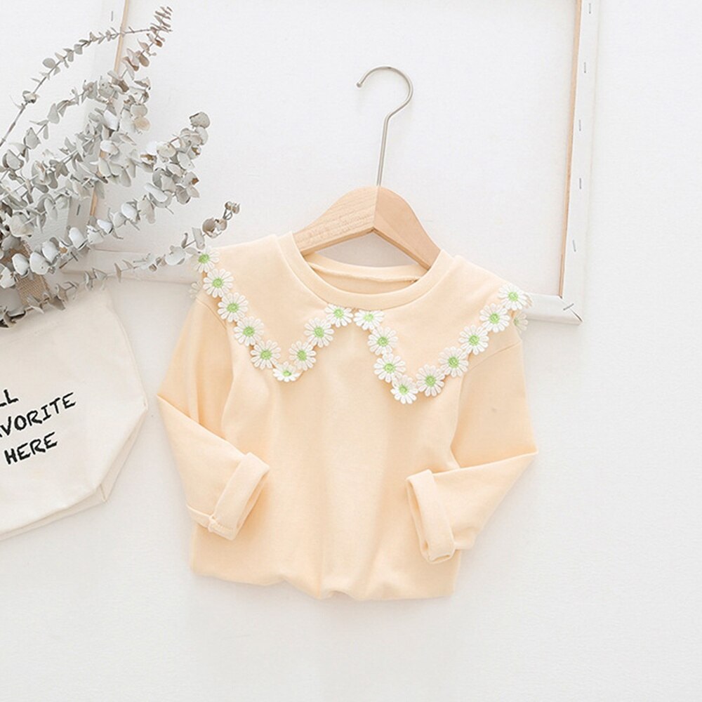 Lente Zoete Herfst Meisjes Prinses T-shirt Tops Daisy Revers Kraag Mode Baby Kids Kinderen Baby Basic T-shirts Tees: Apricot / 12m