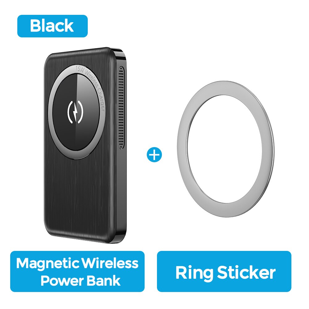 YKZ Magnetic Power Bank PD 20W Fast Charging 10000mAh 15W Wilreles Powerbank External Battery For iPhone12 Pro Max Samsung S21: Black Iron Sticker