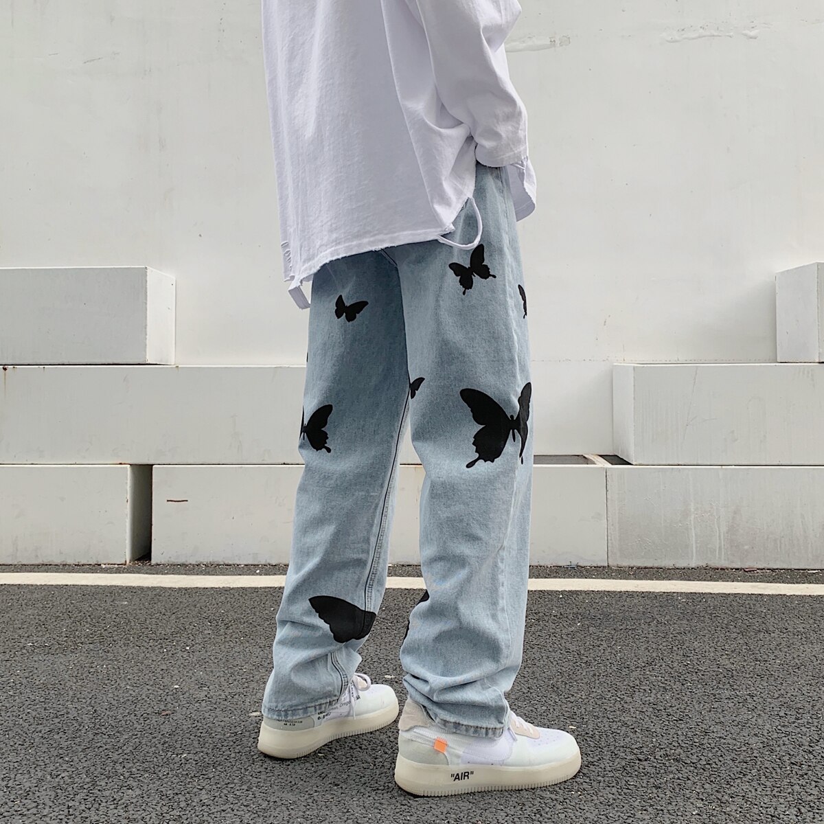 2022 Butterfly Print Jeans Men Pants Loose Baggy Jeans Casual Denim Pants Streetwear Straight Trousers Women Clothing: Blue / XXXL