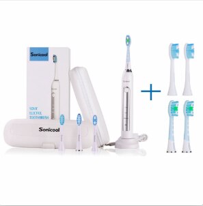 Sonicool 051B Ultrasonic Sonic Electric Toothbrush USB Rechargeable Tooth Brushes With 4 Pcs DuPont Brush Heads Tooth Cleaning: white add 4 Head