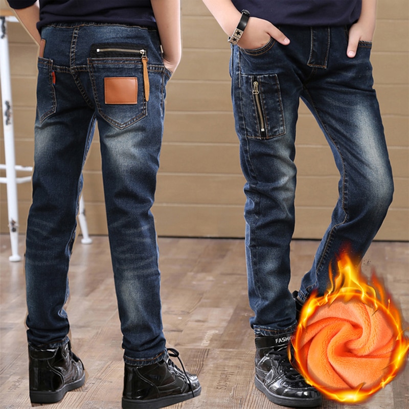 Märke barn jeans pojkar ledig vinter tjocka långa jeans byxor tonåringar jeans bomull varma jeansbyxor pojkar kläder