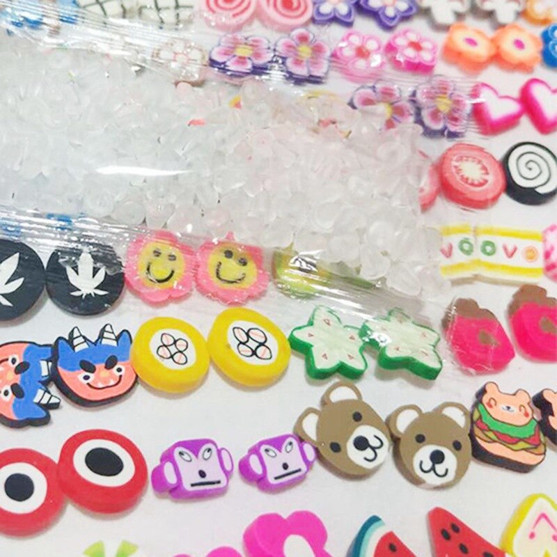 100 Pairs/Set Random Plant Fruit Animal Stud Earrings For Women Girls Kids Jewelry Cute Bear Polymer Clay Earring Set Mix