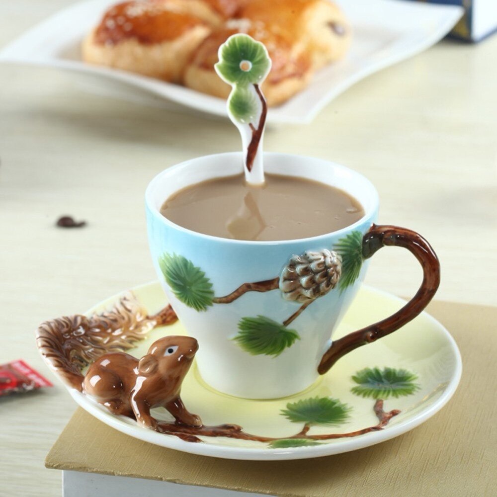 3D Squirrel Hand-painted Enamel Coffee Cup And Saucer Spoon Set Cup Couples Of Coffee Tea Cup Animal Drinkware