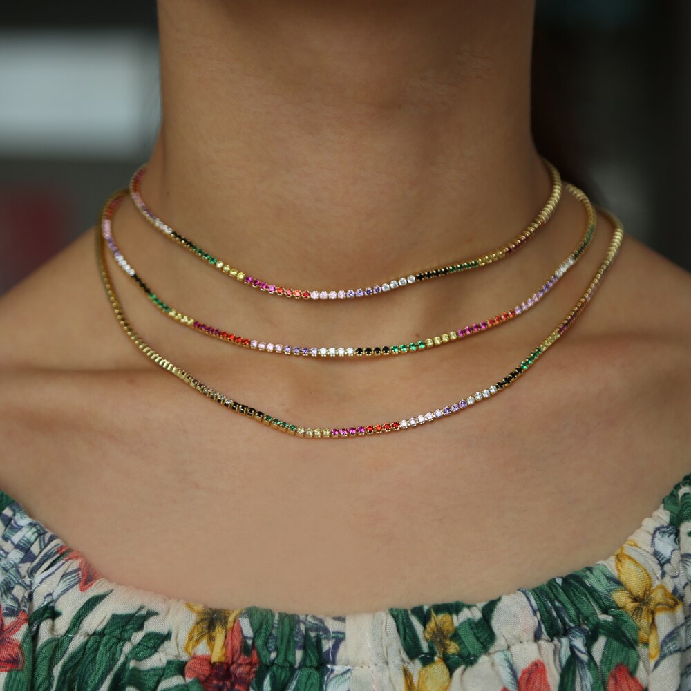 personality 2mm cz chocker necklace rainbow tennis chain colorful cz women collar link chain chic necklace jewelry 35+10cm