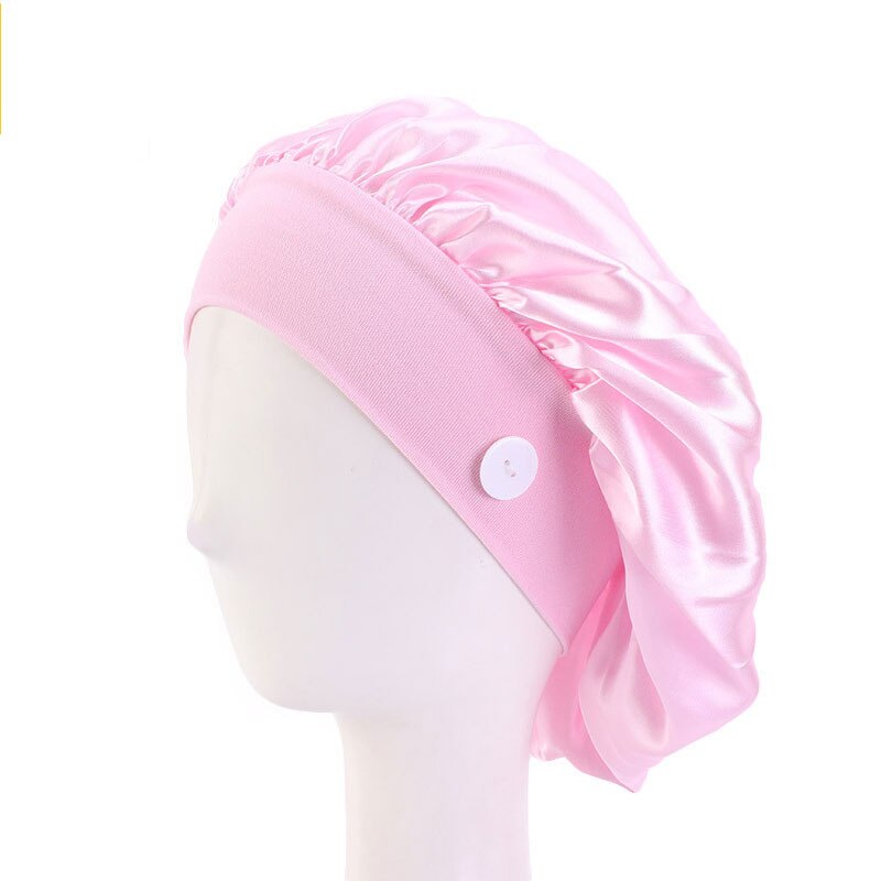 Satin Silk Nightcap Sleep Button Elastic More style Cap Nurse Hat Women Solid Long Hair Cap Hat Head Cover Bonnet Hat: Pink