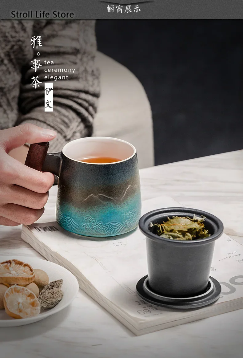 Keramisk retro kaffekopp kontor vannkopp filter tekopp med deksel kopper og krus trehåndtak caneca bursdagsboks  cm061