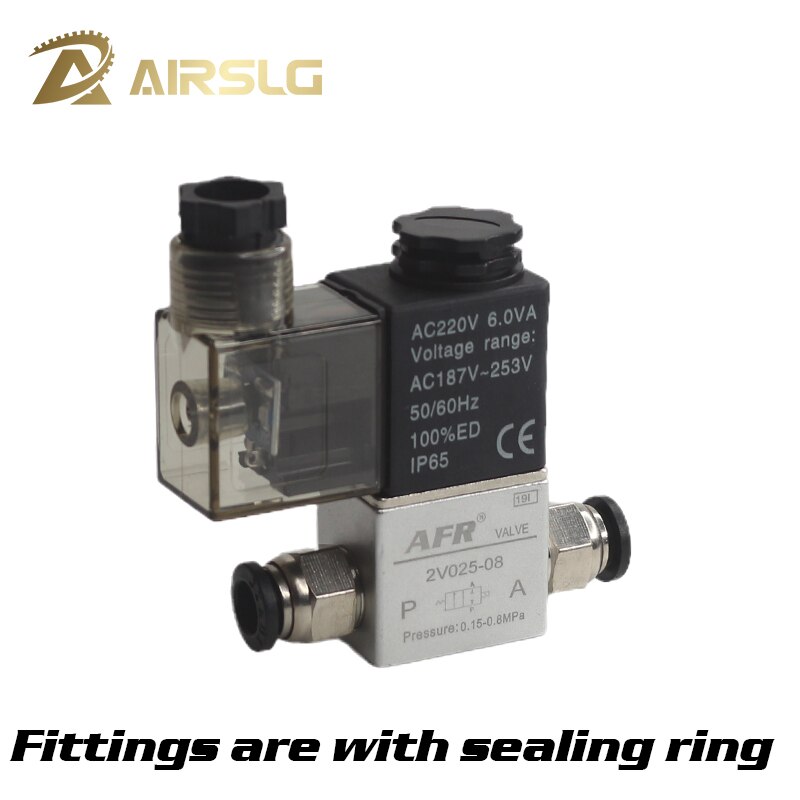 Válvula neumática Airtac tipo 2V025-08, normalmente cerrada, 12V, 24V, 220V, 1/4 &quot;, BSP, solenoide, PNEUMAT 2V025-06, con accesorios de anillo de sellado