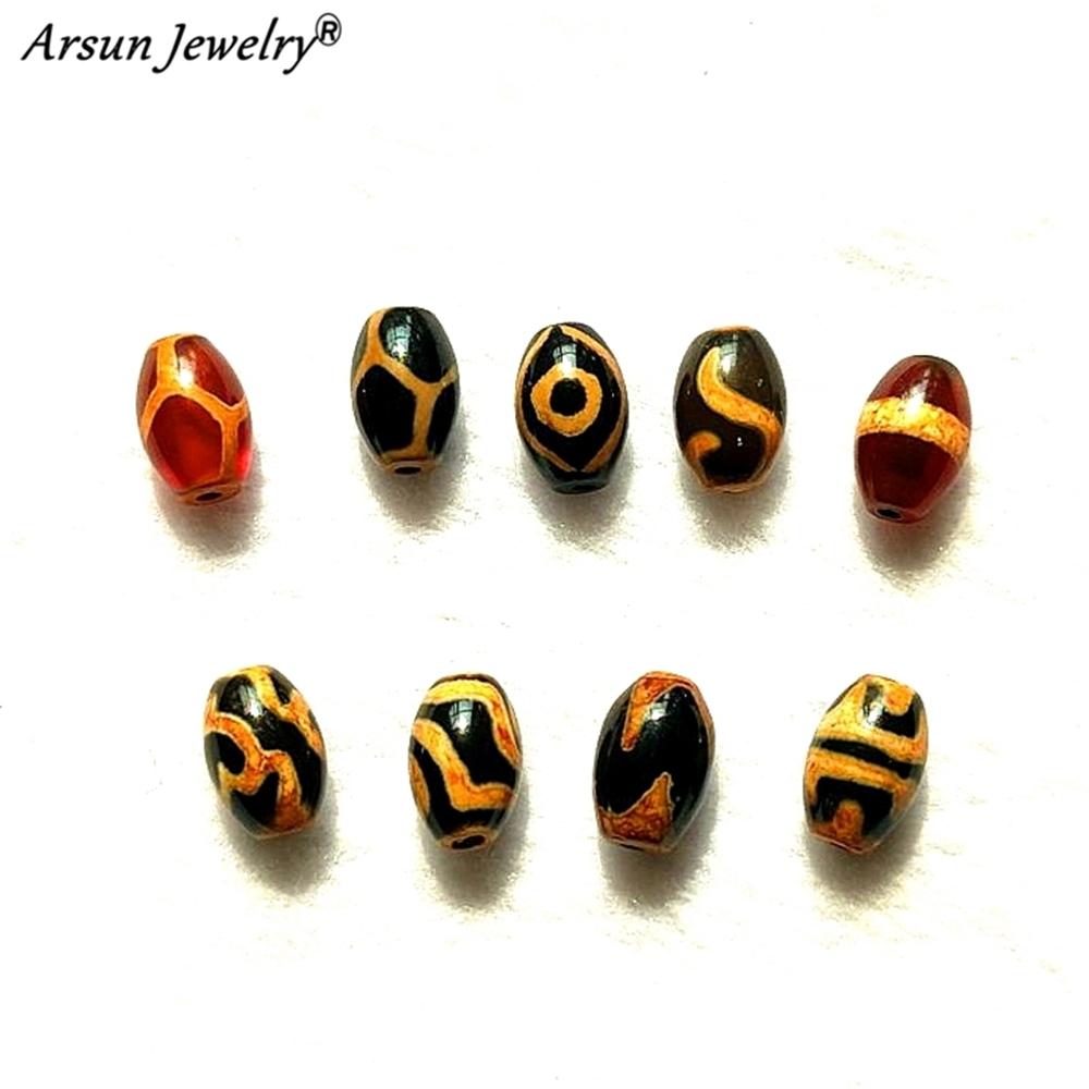 Agate Beads Black Earthen Gold Line DZI 8*12mm Double Tiger Teeth 2 Eyes Lotus 3pcs/Lot Men&Women Jewelry DIY