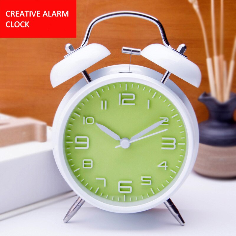 Reloj despertador de doble campana de 4 pulgadas para niños, cronógrafo de Metal con personalidad, , luminoso, para sentarse, decoración del hogar: White and Green
