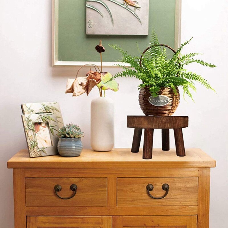XD-2Pcs Mini Wooden Stool Flower Display Stand, Potted Plant Shelf Bonsai Rack, Vintage Wood Grain Garden Plant Pot Stand