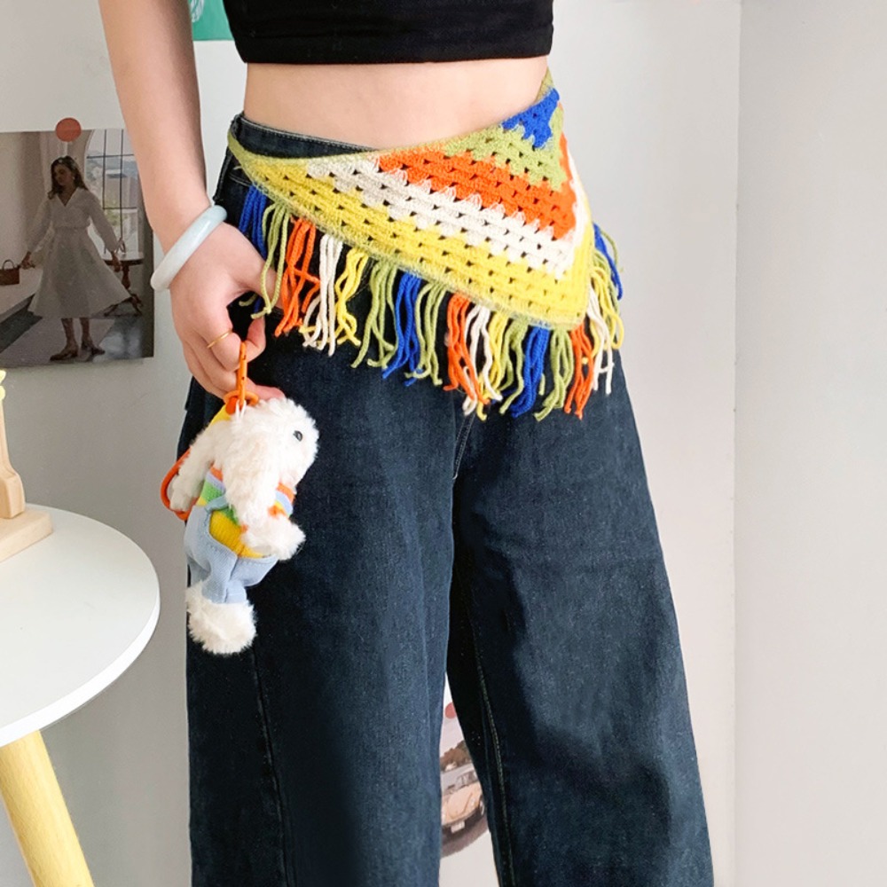 Turbante bohemio para mujer, pañuelo triangular tejido para la cabeza, chal colorido, delantal envolvente con bufandas con flecos, banda para la cintura de estilo étnico: BLANCO